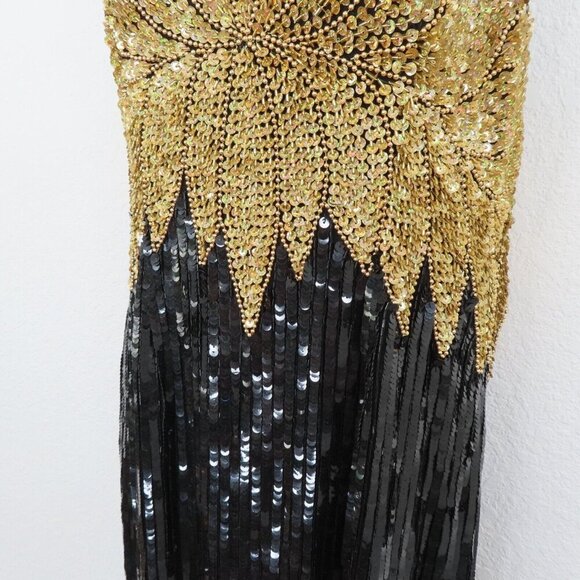 Vintage Nikhil Womens Large Silk Black Gold Sequin Beaded High Neck Dress NEW - Picture 3 of 13